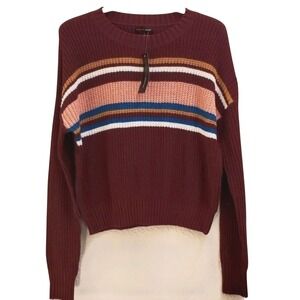 Ambiance Apparel Striped Cropped Sweater Knit Pullover Burgundy S